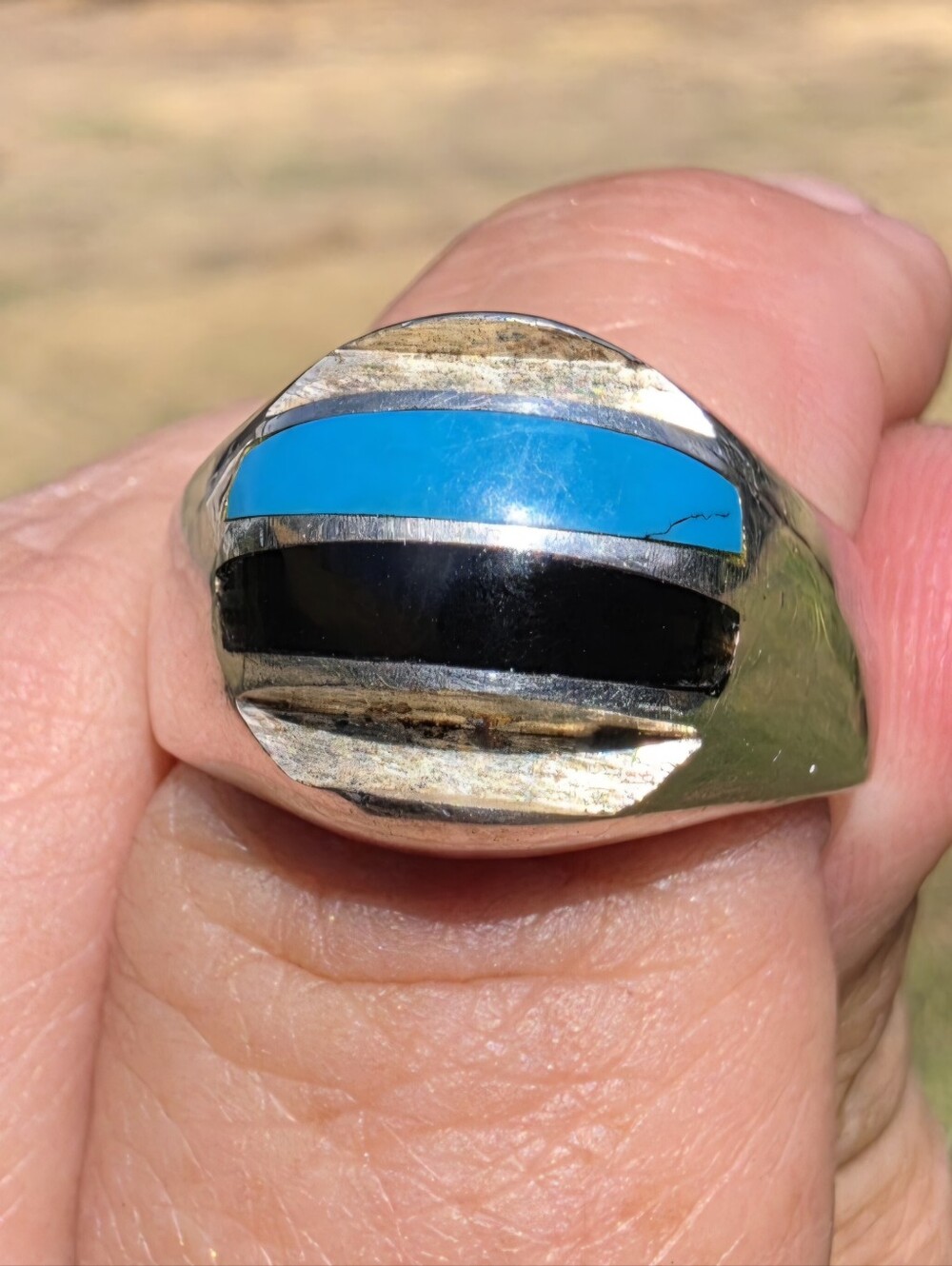 Vintage Taxco TN-15 Sterling Silver Turquoise Black Onyx Ring Mexico 925